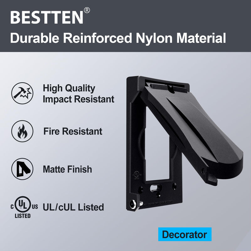[10 Pack] BESTTEN Outdoor Outlet Cover for GFCI and Decorator Receptacle, Weatherproof, Vertical/Horizontal Auto-Closing Lid, Black, H4.65" x W2.87" x D0.71" 10