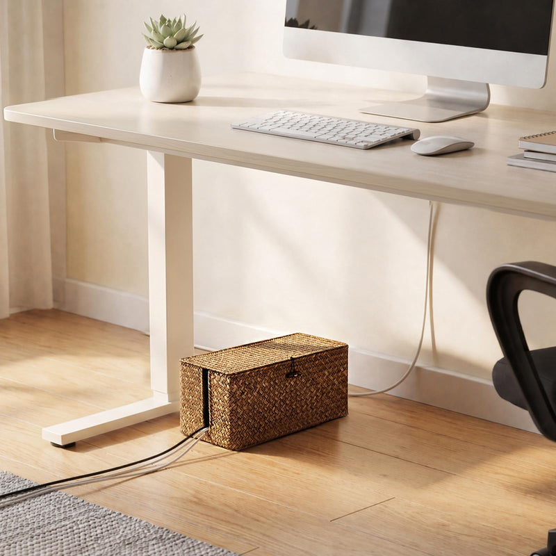 BTSKY Woven Cable Management Box with Lid, Seagrass Cord Organizer with 2 Open Slots for Power Strips & USB Hubs, Under Desk Cord Hider Box for Home Office, Pet Proofing Wire Basket, Large Coffee