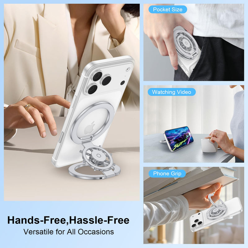 Magnetic Phone Stand Fidget Spinner Ring Grip Holder for iPhone 17 Pro Max | Dual-Sided Magnetic Gym Phone Kickstand for iPhone 17/16/15/14/13/12/Samsung/Stress Relief/2in1 Foldable Stand for Car Mount Silver