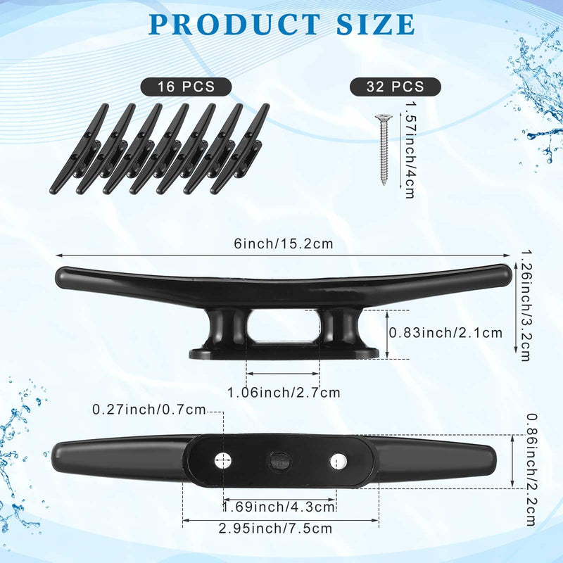 Briwooody 16 Pcs 5"/6"/8" Black Nylon Boat Cleats, Marine Dock Cleat with Screws for Kayak, Canoe, Mooring and Nautical Decor 6inch