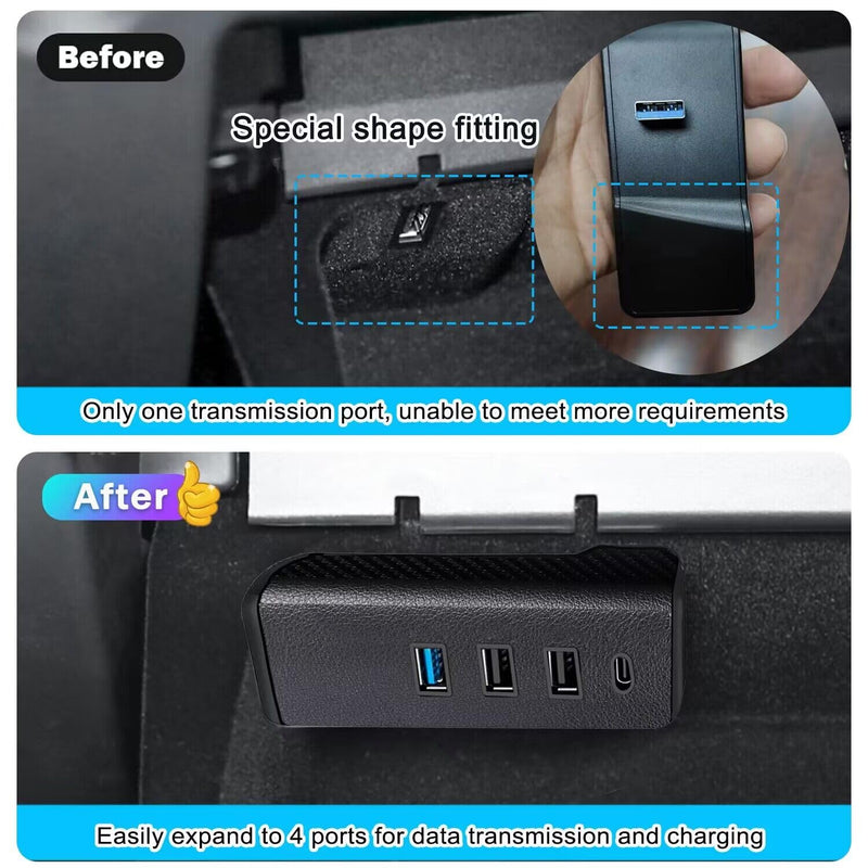 Glove Box USB Hub for Tesla Model 3/Y， USB 3.0 Hub with 1 USB C & 3 USB A Ports USB Splitter USB Extender Compaitble with Tesla Model Y 2021-2024 and Model 3 2021-2023 other Car-Lychee Leather Covered