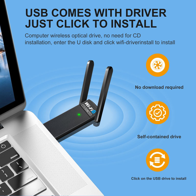 USB WiFi 6 Adapter with Bluetooth 5.2, Dual 3dBi Antennas for 5GHz/2.4GHz Wireless Network - High-Speed Dual Band Adapter for Desktop PC, Laptop, Windows 11/10/7, Gaming/Streaming Compatible Black