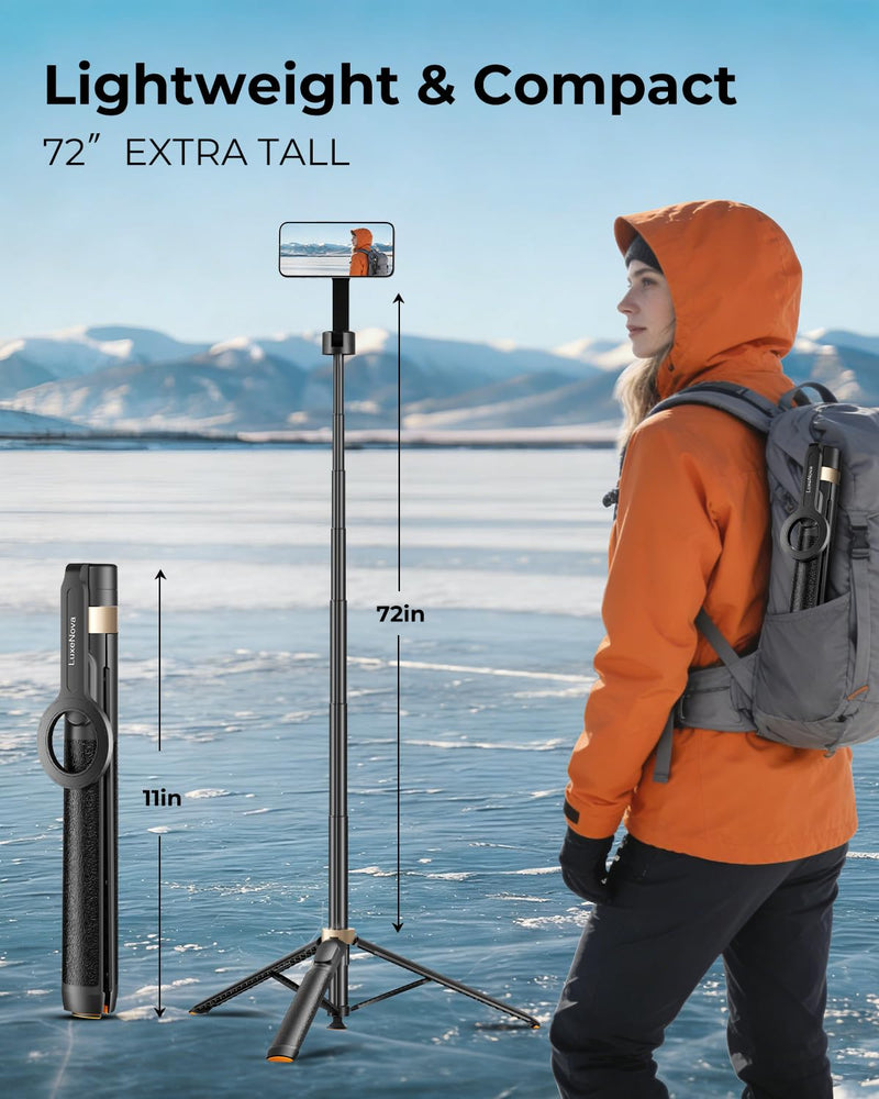 Magnetic Selfie Stick Tripod 72 Inch for iPhone MagSafe, Extendable Phone Tripod Stand with Bluetooth Remote, 360° Rotation Aluminum Selfie Stick for Travel, Vlog, TikTok Black