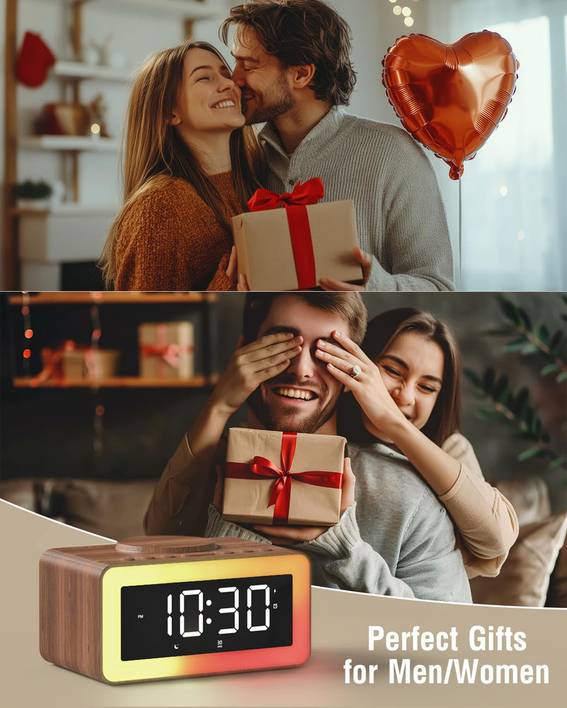 Alarm Clock with Wireless Charging, Bluetooth Speaker, White/Brown Noise Sound Machine Night Light, Wooden Digital Alarm Clocks for Bedrooms, Wireless Charger for iPhone, Birthday Gifts for Men Women