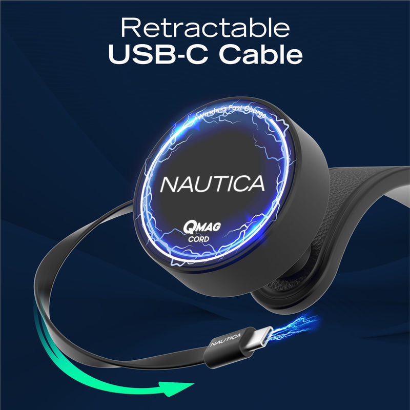 Nautica Turan QMAG Cord - Wireless Magnetic Car Charger 15W with Built-in Retractable USB-C Cable, Universal Fast Charging Phone Mount, Dashboard & Vent Mount for iPhone 17, Galaxy S25, Pixel 10