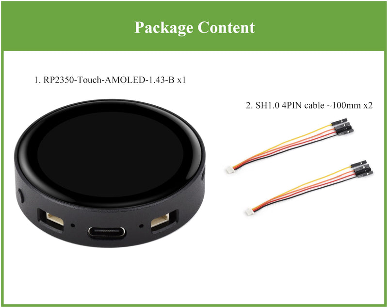RP2350 1.43inch AMOLED Touch Display Development Board, 466x466, SPI Interface Round Display, Onboard Accelerometer and Gyroscope Sensor, USB, UART, I2C and GPIO, etc. with CNC Metal Case
