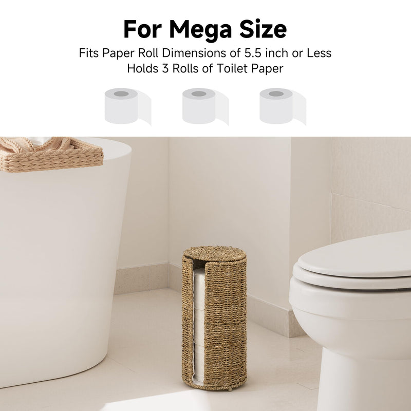 StorageWorks Seagrass Free Standing Toilet Paper Holder Stand for Bathroom, 3 Rolls of Toilet Tissue Storage with a Built-in Cloth Lining, Toilet Roll Holder Stand with Lid Natural（seagrass） 6¾"D(For 3 Roll)