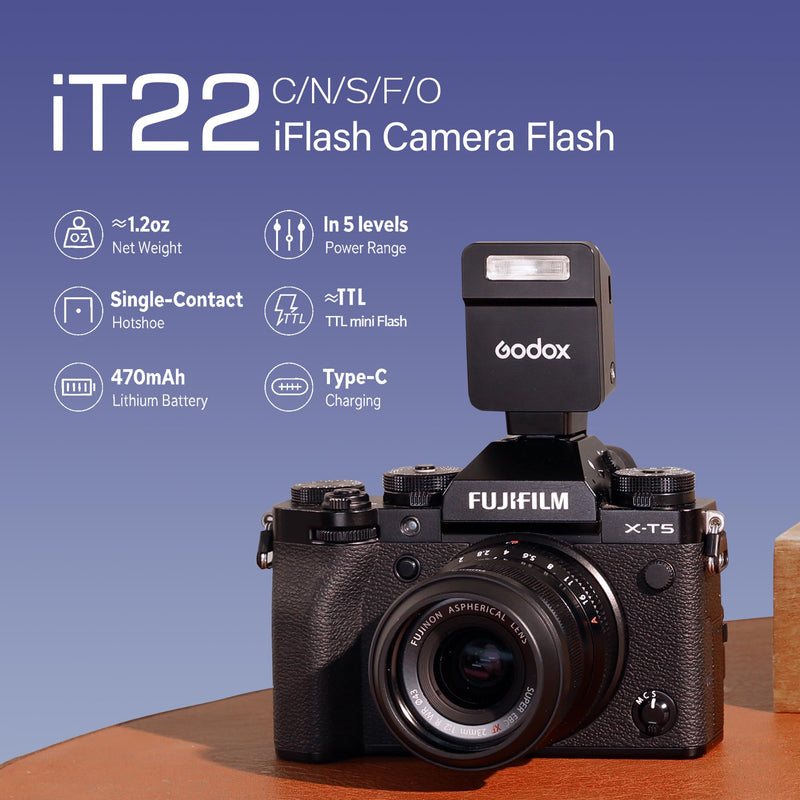 GODOX IT22 F TTL MINI iFlash Camera Flash Light,700+ Flashes & 1.5 s Recycling,6 Stops (1/32 to 1/1 Power),Built in Battery with Magnetic Diffuser & Filter (Black, for Fuji) Black