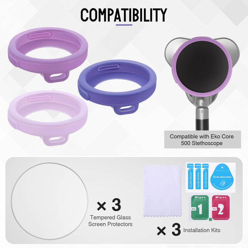 Stethoscope Protection Kit Compatible with EKO Core 500, 3 2.5D Tempered Glass Screen Protectors & 3 Stethoscope Chestpiece Cover, Compatible with EKO Core 500, Dustproof, 9H (Purple) Gradient Purple