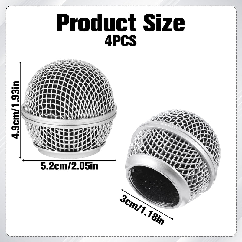 Microphone Head Replacement, Silver, 4 Pack with Black Inner Covers | Microphone Mesh Grill, Compatible with SM58, For Studio and Live Performances