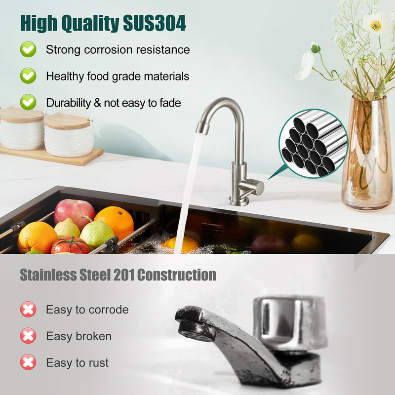 Heyalan Cold Water Only Kitchen Faucet, SUS304 Stainless Steel Bar Sink Faucet, Single Handle High Arc Gooseneck, 1 Hole Deck Mount, Brushed Nickel, 8.3 Inch for Bar, RV, Laundry, Outdoor