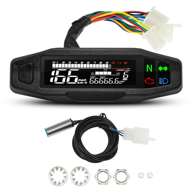 Motorcycle Speedometer MAIMEIMI 9-16V Universal Motorcycle Gauge Cluster with Digital Motorcycle Speedometer, Small Engine Tachometer, Odometer, 6 Gear 12000 RPM MPH Mini LCD VA Screen