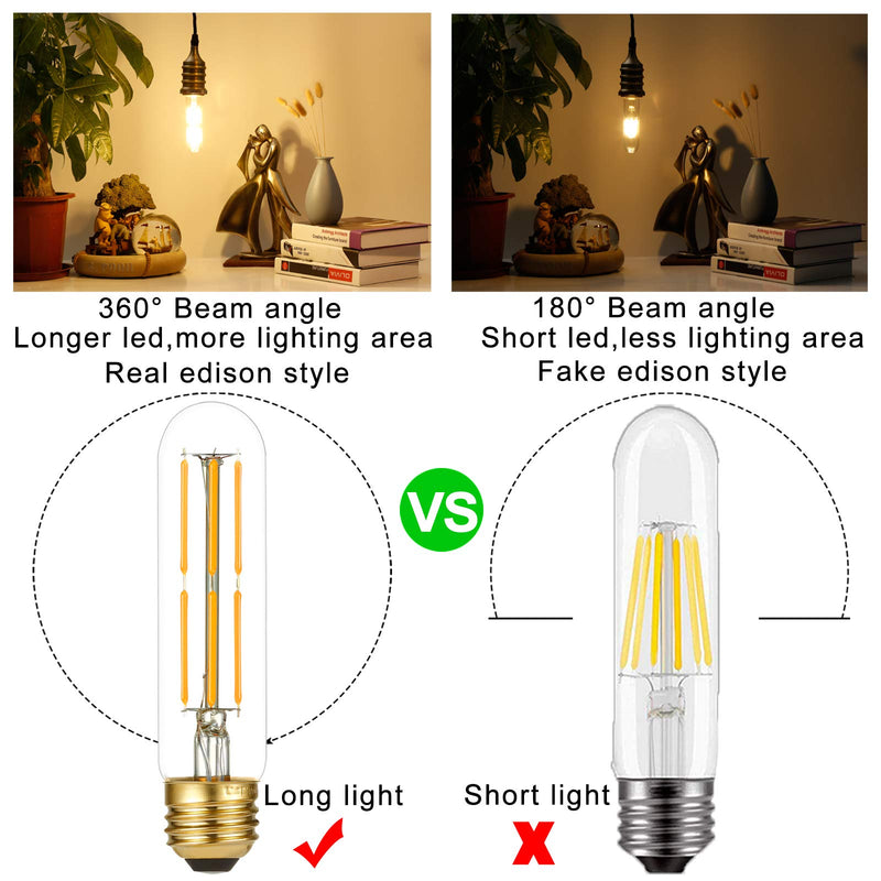 LiteHistory Dimmable E26 Edison Bulb 6W Equal 60 watt Light Bulb AC120V Warm White 2700K Edison Light Bulbs 60 Watt 600LM Tubular T10 led Bulb for Rustic Pendant,Chandeliers,Wall sconces,Vanity 6Pack 6w=60w Warm White 2700k 5 Inch(6 count)