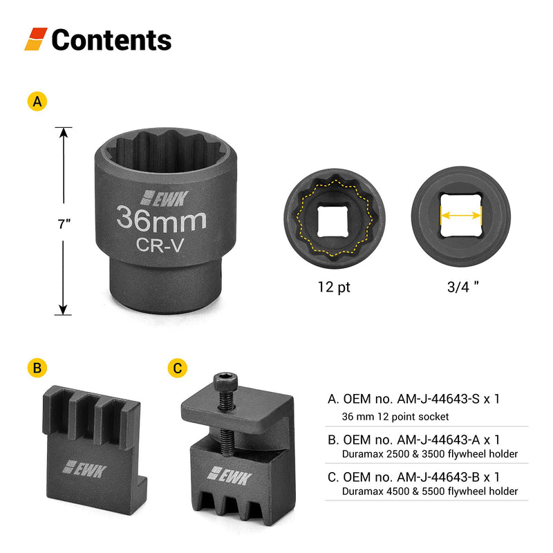 EWK 36mm 3/4 Inch Flywheel Locking Holder Water Pump Holding Tool 12 Pt Socket for Duramax 6.6L Engine
