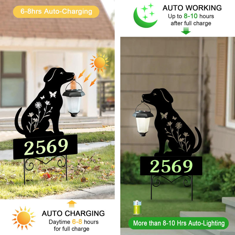 Solar House Numbers for Outside,YY Gardenia Metal Dog Address Signs for Houses with Glow in the Dark,Outdoor Decorative for Garden,Lawn,Patio,Pathway Black