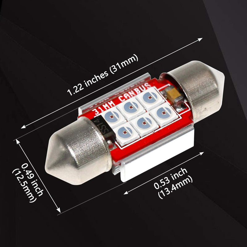 PHINLION Super Bright DE3021 LED Red Bulb 3030 6-SMD Festoon 1.25" 31mm DE3175 DE3022 Miniature LED Bulbs for Car Interior Door Map Dome Trunk Courtesy Light, Pack of 4