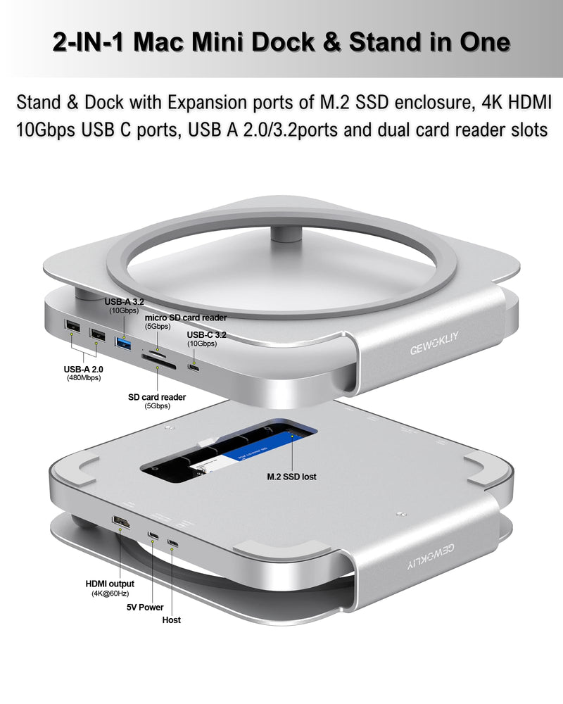 Mac mini Studio Dock and Stand, Hub with SSD Enclosure for NVME/SATA M.2, 4K HDMI Adapter 10Gbps USB A/C Port, TF/SD Card Reader, Dock for Mac mini M1/ M2 and Mac Studio 2024 | Accessories