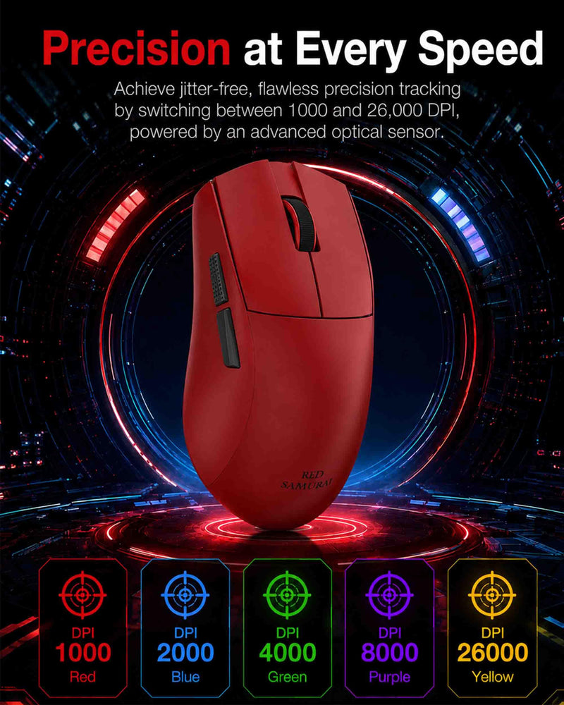 RED SAMURAI Wireless Gaming Mouse, 51g Ultra-Light, Tri-Mode,Red | Ultra-lightweight 51g body, Tri-mode BT/2.4G/USB-C wired, 26K DPI precision optical sensor, 1000Hz polling rate Red