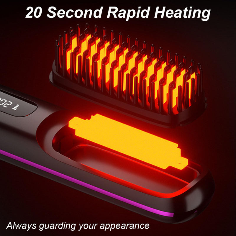 Glow Wave Heated Brush for Short Hair, Go Brush Pro Cordless Straightener,2026 Hot Comb Hair Straightener Brush,Portable Cordless with 3 Heat Settings & LED Screen for Travel and Frizz-Free Styling