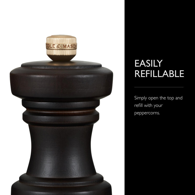 Cole & Mason Hoxton Mill - Table Black Pepper Grinder - Refillable Peppercorn Grinder - Kitchen & Home Accessory - Pepper Mill with Carbon Steel Mechanism - 4'', Chocolate Wood