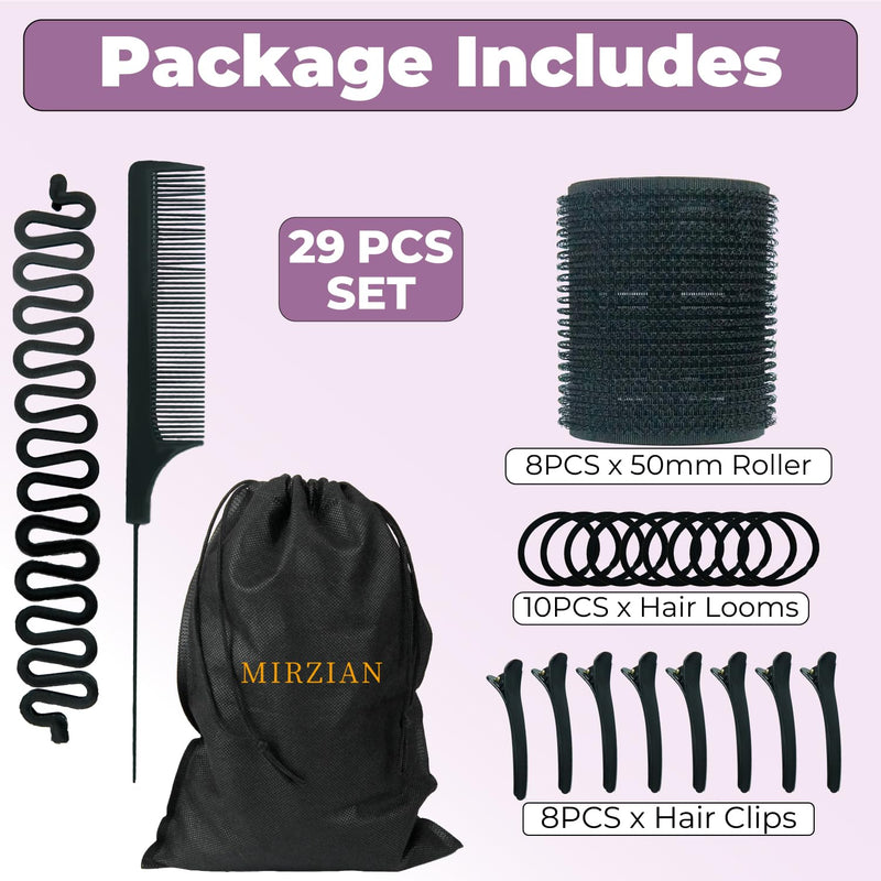 29 Pcs Large Hair Rollers Set – 8 Big Hair Rollers 50mm with 8 Clips, 10 Grips, Comb, Braid & Storage Bag – Hair Curlers No Heat and Rollers for Hair Volume, Styling Long & Short