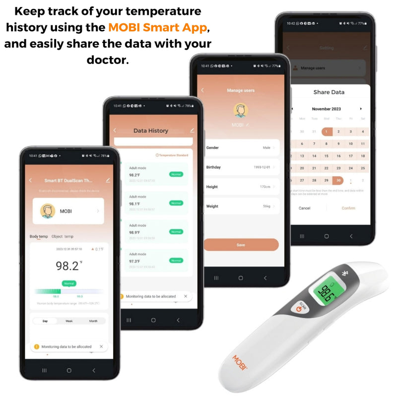MOBI Connect Ear and Forehead Thermometer with Fever Indicating Light, Infant and Adult Mode, Smart App Integration, Batteries and Carrying Case Included