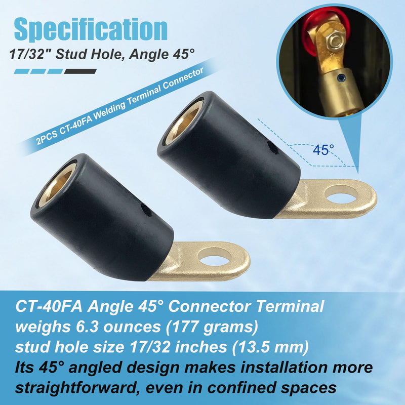 2PK CT-40FA Welding Terminal Connector, Welding Lug Connector Adapter, Terminal Lug for Lenco Style LC-40 LC-40HD Male Leads Connectors, 17/32" Stud Hole, Angle 45°, 08030 2 PK