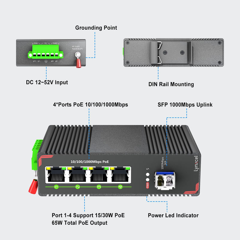 5-Port Industrial PoE Gigabit Din Rail Ethernet Switch, 4 x Gigabit PoE+ Ports, 65W PoE 48V Output, 1 x SFP Gigabit Slot with One Gigabit SFP LC Module, IP40 Unmanaged, with Power Supply 5 Port Gigabit PoE + LC Module