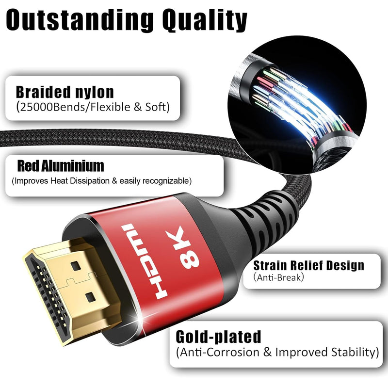 8K HDMI Cables 10 FT 4-Pack(Red, easy identification), HDMI 2.1 Gaming Cord, Support 8K@60Hz, 4K@120Hz, Dynamic HDR10+, SBTM, VRR, QFT, ALLM, 3D, HDCP 2.3 for PS5, Xbox, TV, PC, Monitor, Graphics Card Red 10FT