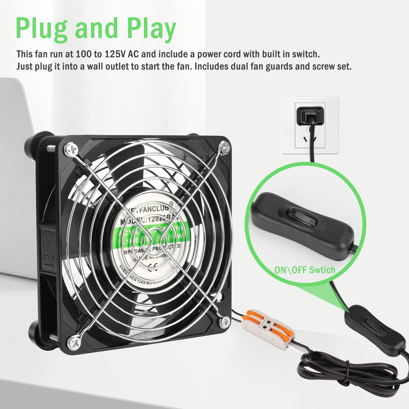 Axial Muffin Small Computer Fan with AC Plug 110V 120V AC 120mm x 25mm Dual Ball for DIY Cooling Ventilation Exhaust Projects 120x120x25mm