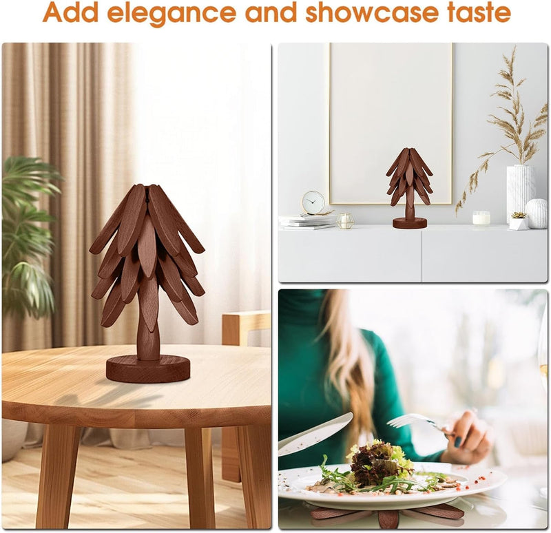 Wooden Cup Coaster Set，Tree Shape Trivet Set,Tree Coasters- 4 Wooden Trivets + 1 Stand stored for hot Dish/Pot/Bowl/teapot/hot Pot Set Brown