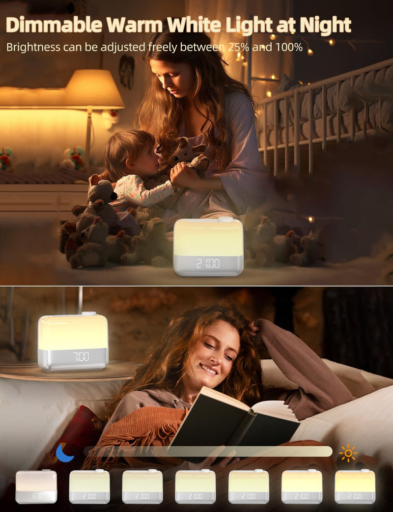 Sunrise Digital Alarm Clock for Bedroom: Wake-up Light, RGB Ambient Night Light, 9-Mins Snooze, 6 Natural Sounds, 7 Volume, Rechargeable Battery, Dual Loud Alarms for Heavy Sleepers (Silver)