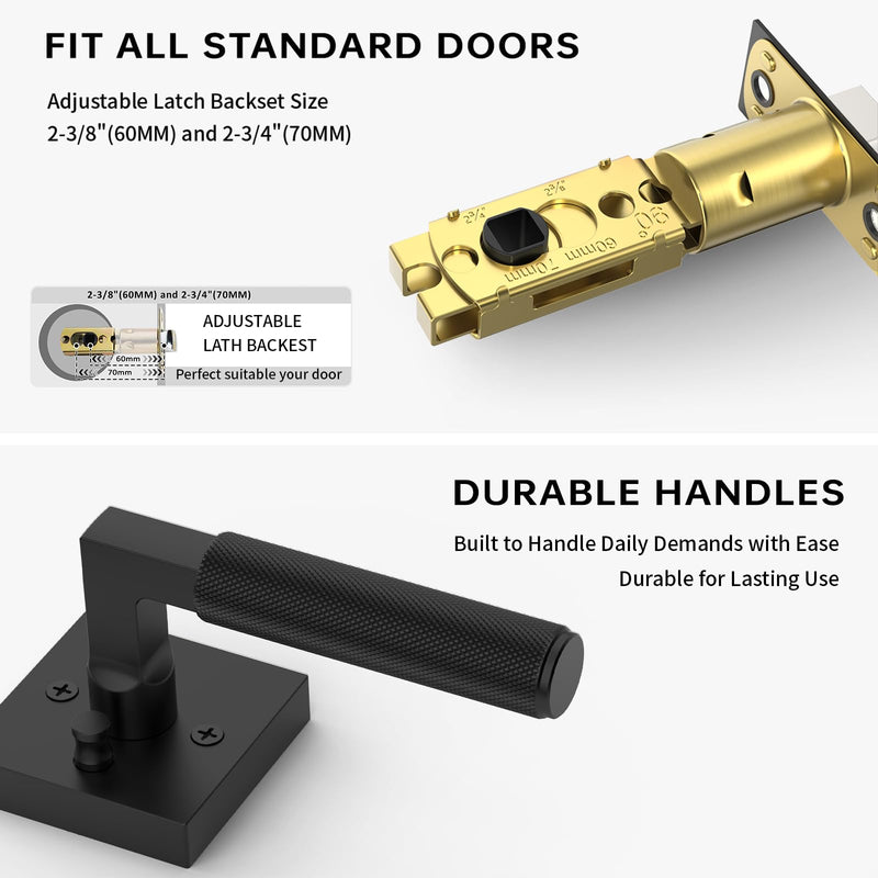 FILTA 1 Pack Matte Black Privacy Door Handles, Knurled Door Levers Interior Matte Black Door Lever Bathroom Door Knobs Heavy Duty Square Door Lock