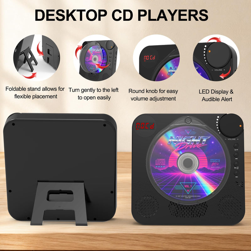 Portable CD Player with Bluetooth 5.4 for Daily Home Use & Gift,Exercise | Desktop CD Players with HiFi Speakers, LED Display, Remote Control, Charging Cable, Timer, FM Radio, USB, AUX, Headphone Jack Black