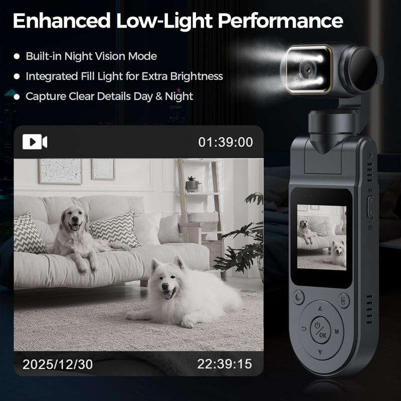 Pocket Vlogging Camera WiFi, 1080P Clip-On Mini Body Cam with 32GB Card | Handheld POV Camera, Rotatable Lens Night Vision Fill Light 1.54'' Screen, Portable Personal Camera for Travel/Sports/Working Black & 32GB