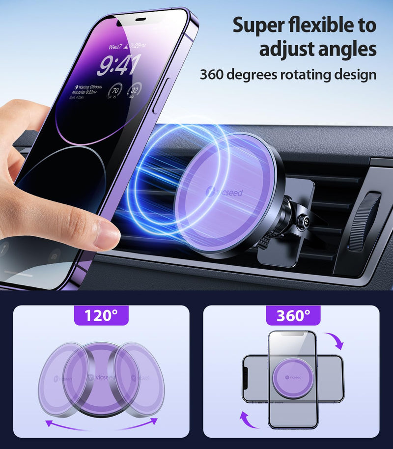 VICSEED for MagSafe Car Mount [Strongest Magnet Power] Car Phone Holder | Magnetic Phone Holder for Car Vent 360 Adjustable Magnetic Phone Mount for iPhone 17 Pro Max 16 15 14 13 12 Plus Mini Purple