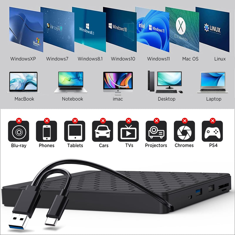External CD DVD Drive for Laptop, CD Burner with TF/SD Card Slots, DVD Player for Laptop, USB CD DVD Drive External CD Reader Compatible with Laptop PC Desktop Windows 11/10/8.1/7 Linux Mac OS