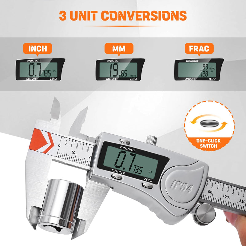 HARDELL Digital Caliper 8 Inch, Heavy-Duty IP54 Calipers with 3-Batteries & Extra Cover, All Stainless Steel Digital Micrometer Vernier Caliper, Inch/MM/Fraction, Auto-Off for DIY/3D-Printing
