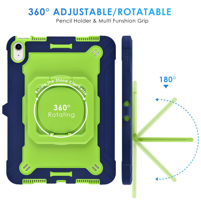 DETUOSI Shockproof Case for iPad A16 11th Gen 11" 2025, Dark Blue + Green | for iPad 10th Generation Case 10.9", 360 Rotatable Stand & Shoulder Strap, 3-layer Protection, Heavy Duty Protective Cover