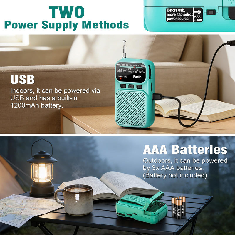 Goodes Portable Radio AM FM, Battery Operated Pocket Radio for Gift, Elder | Best Reception Transistor Small Radios, with Bluetooth/Flashlight/Headphone Jack, USB-C Rechargeable or 3AAA Battery Blue