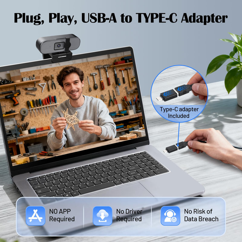 YQE 4K Webcam with Tripod, UHD Web Cam with Microphone, PDAF Autofocus Webcam with Remote Control, Privacy Cover, USB Type-A & A-to-C Adapter Computer Camera for Calling, Zoom/Teams/Facetime/Switch 2 Grey + Black