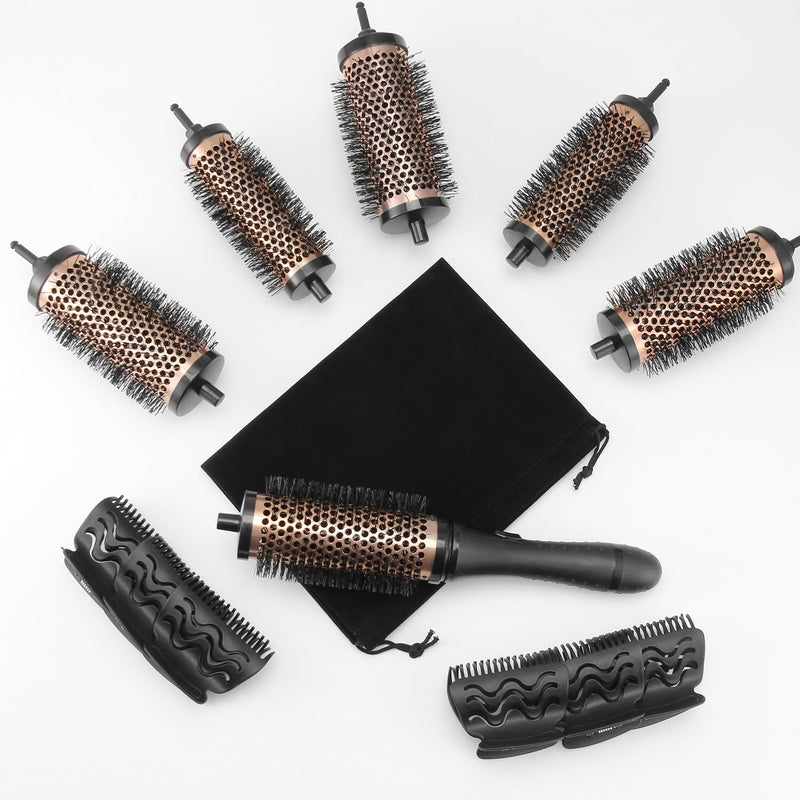 Round Hair Brush Set Detachable Handle Hair Roller Brush 3 Sizes Round Hair Brush for Blow Drying with 6 Positioning Clips,6 Barrels 1 Handle Black