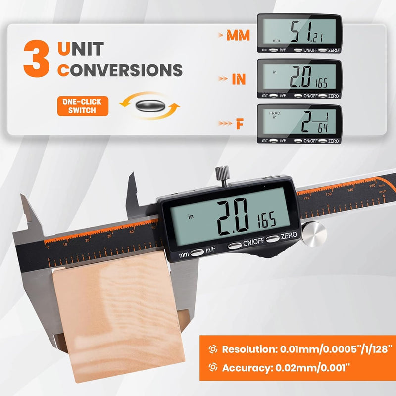 HARDELL Digital Caliper, Rechargeable Calipers with Large LCD Screen, Stainless Steel Caliper Measuring Tool, Auto-Off Micrometer, Inch/MM/Fraction for DIY/Household/3D-printing 6 Inch