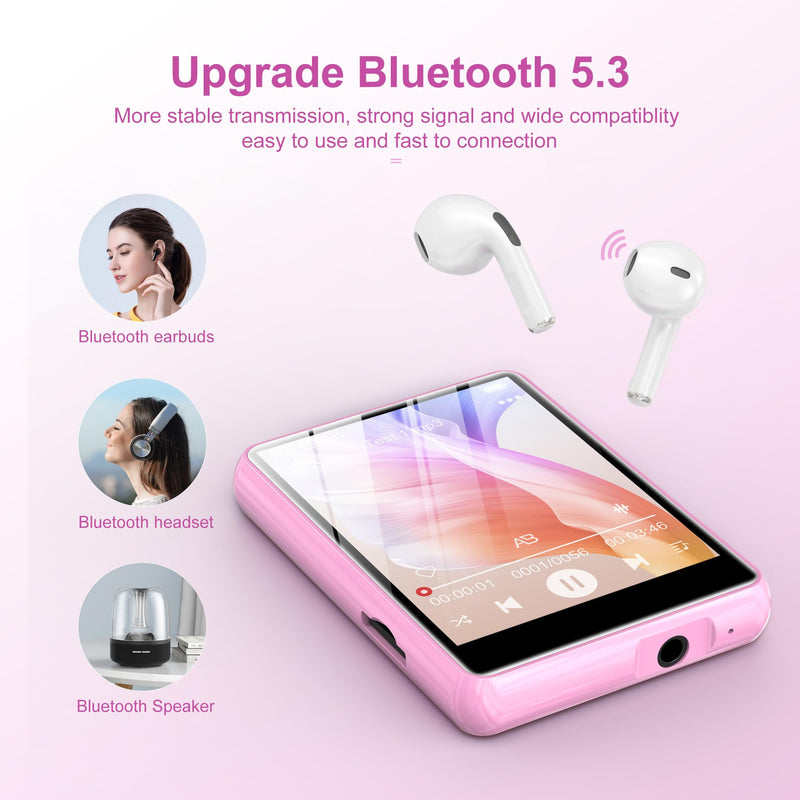 MP3 Player Bluetooth 5.3, SWOFY 64GB Mp3 Music Player with Touch Screen, Portable Digital Audio Player with HD Speaker FM Radio, Recording Support up 128GB Pink