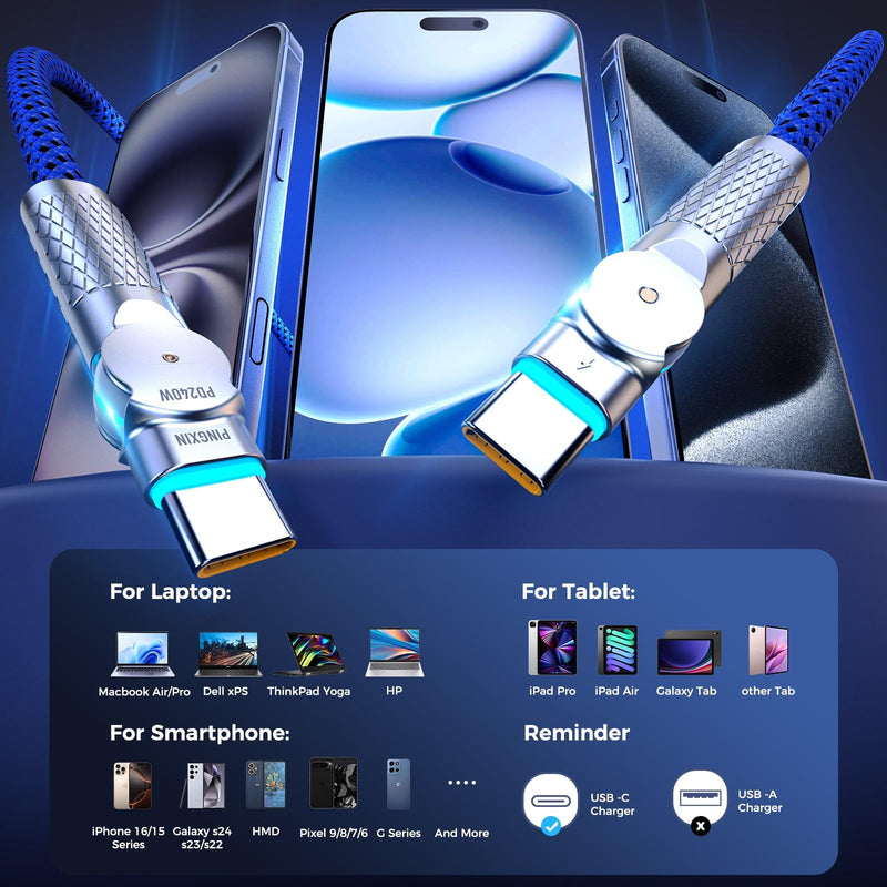 USB C to USB C Cable10ft,240W 2-Pack Braided 180°Rotating Type C Charging CableFast Charge for iPhone 15/16/16Pro/16Plus/16ProMax,MacBook Air,iPad Pro,Pixel,Samsung Galaxy S23/S24 Ultra-Blue 10FT Blue