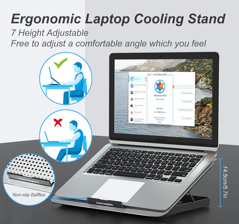 ICE COOREL Aluminum Laptop Cooling Pad, Laptop Cooler Stand with 7 Height Adjustable, Laptop Fan Cooling Pad for Laptop 12-15.6 Inch, Notebook Cooler Pad with Two USB Port (Silver) Silver