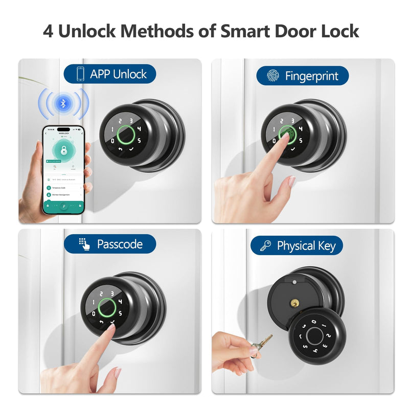 Smart Fingerprint Door Lock, 4 in 1 Smart Fingerprint Door Knob with Keypad, App Control, Auto Lock, Biometric Door Knob with Lock for Bedroom, Apartment, Garage, Home & Office Elegant Black