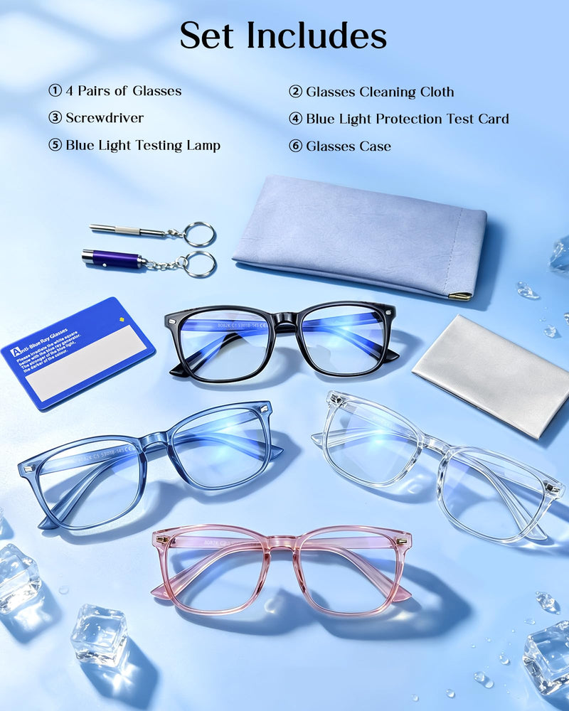 4 Pack Blue Light Glasses for Women Men, UV Protection Blue Light Blocking Computer Glasses – Lightweight Black, Blue, Pink, Clear Transparent