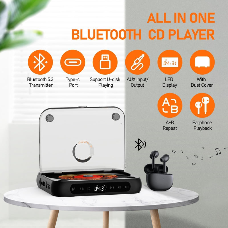 ENVYCLOUD CD Player Portable with Dual Stereo Speakers, Rechargeable Portable CD Player with Bluetooth for Home with Headphones,Black black