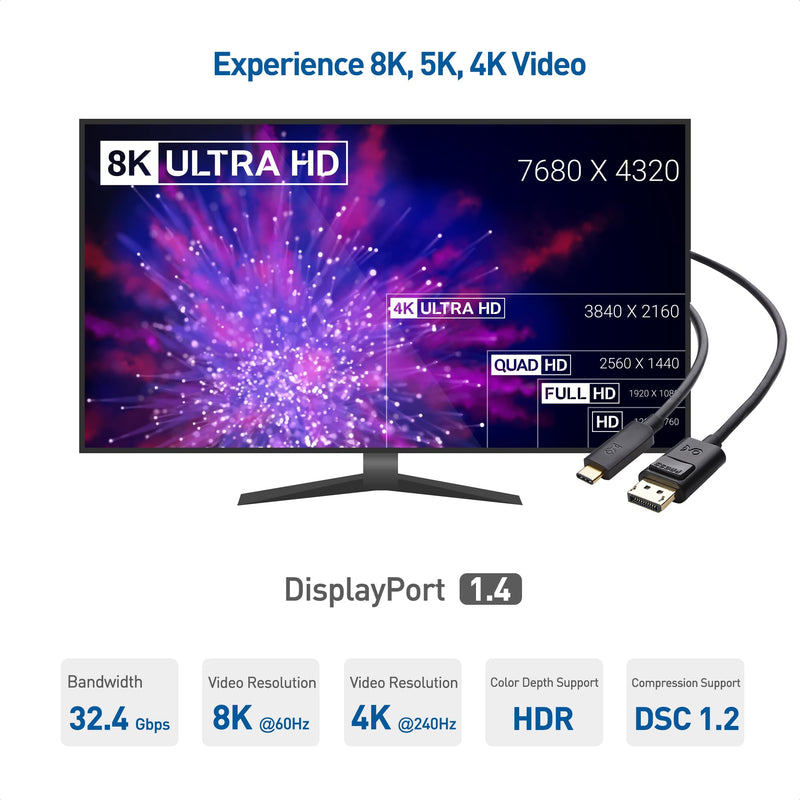 [AUSTRALIA] - Cable Matters 32.4Gbps Bidirectional USB C to DisplayPort 1.4 Cable 10 ft Support 8K 60Hz/4K 240Hz (Thunderbolt 4 to DisplayPort, DisplayPort to USB C Cable) Black - Works with iPhone 15 MacBook XPS